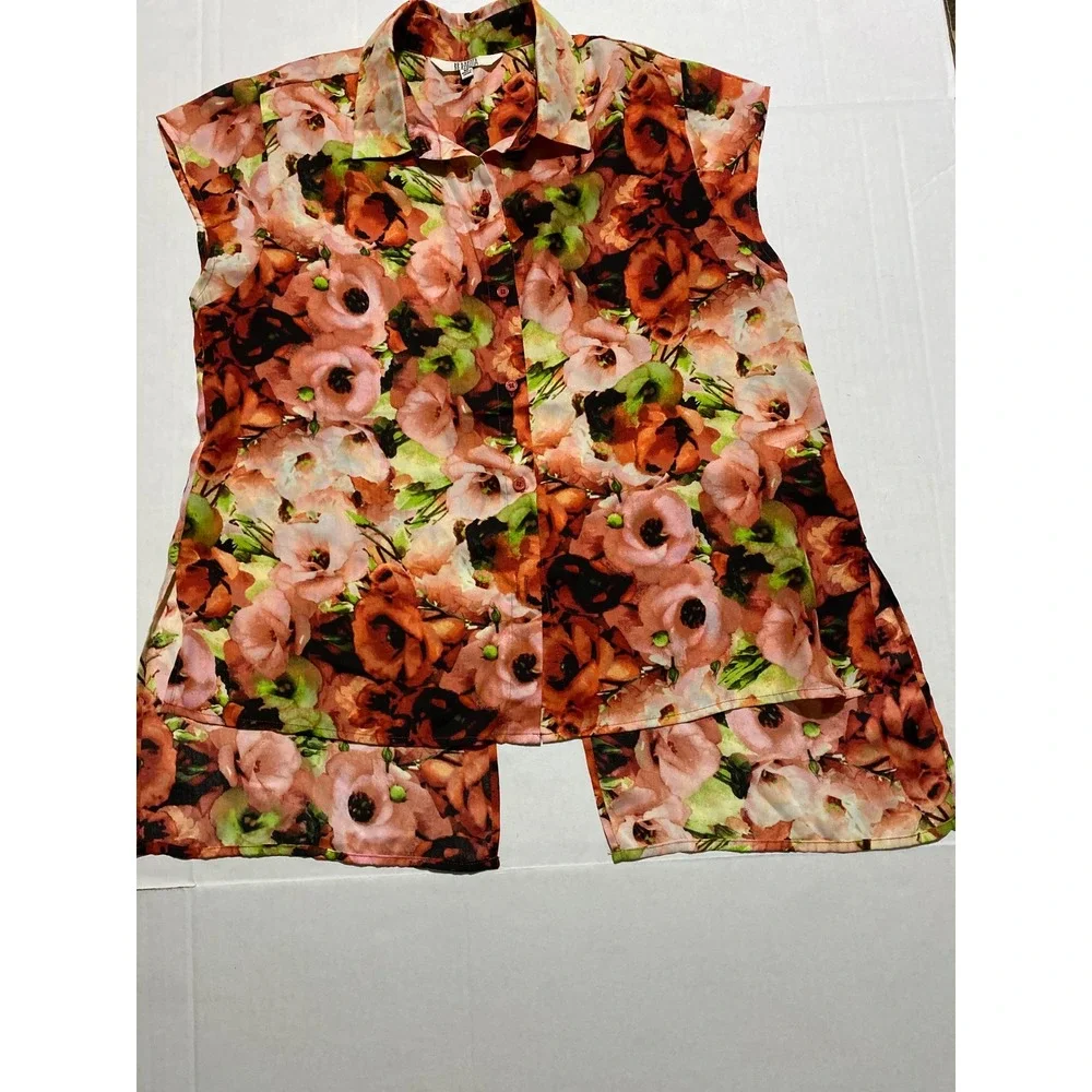BB Dakota Floral Poppy Print Sleeveless Split Back Blouse Red Orange Colored M - Picture 1 of 7
